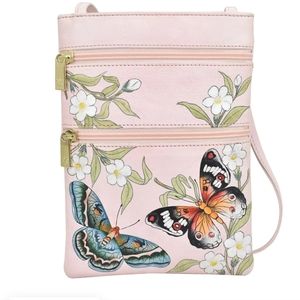 NWT Anuschka Pink Mini Double Zip Leather Travel Crossbody -